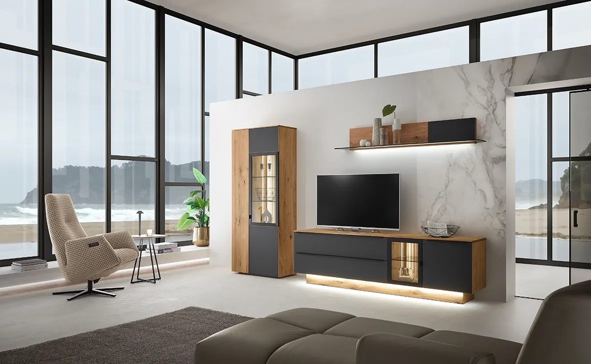 Wohnkombination WK 490 Baristo Asteiche massiv | Farbglas anthrazit