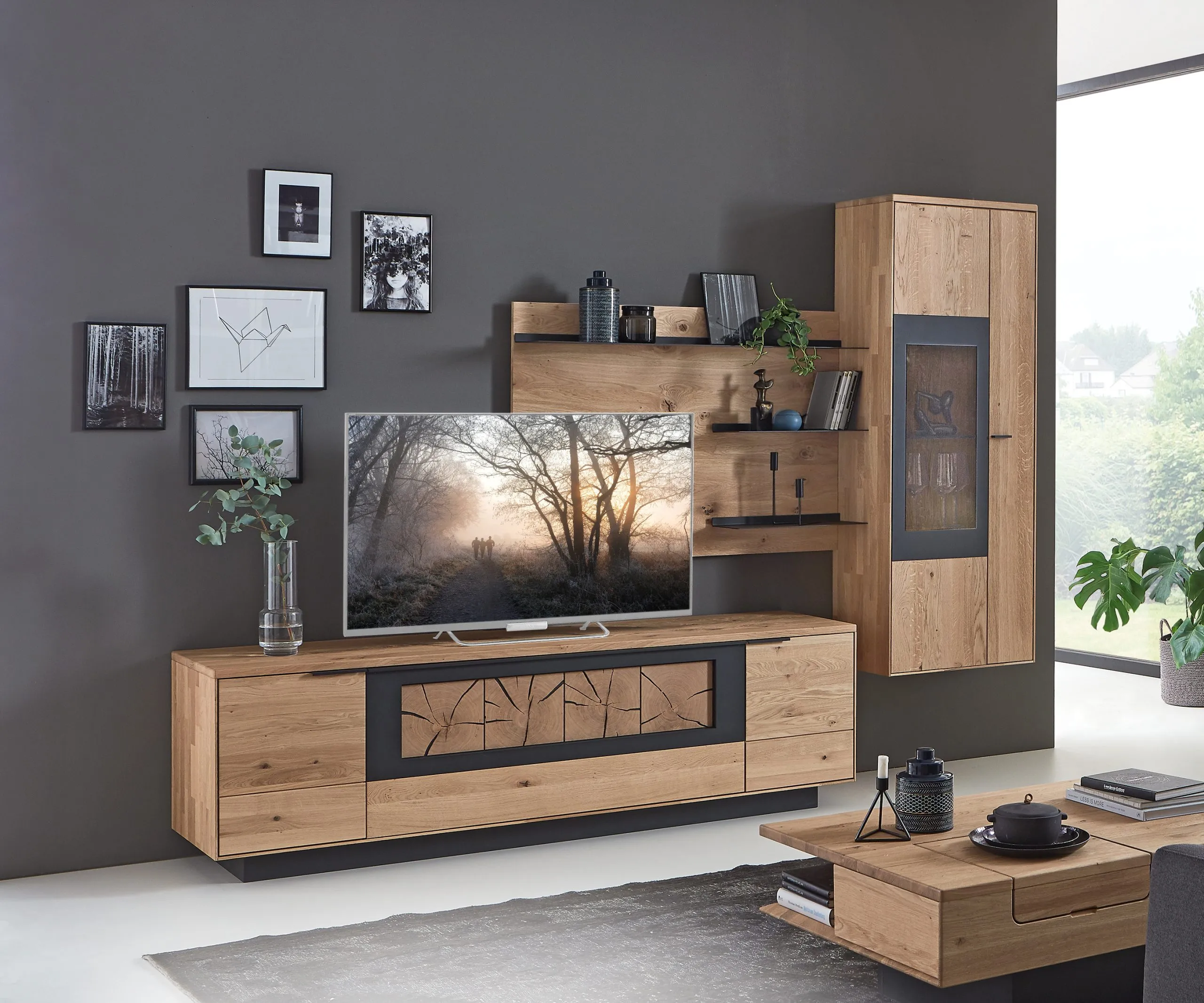 Wohnkombination Wildeiche massiv soft gebürstet | ca. 284 x 204 x 46 cm