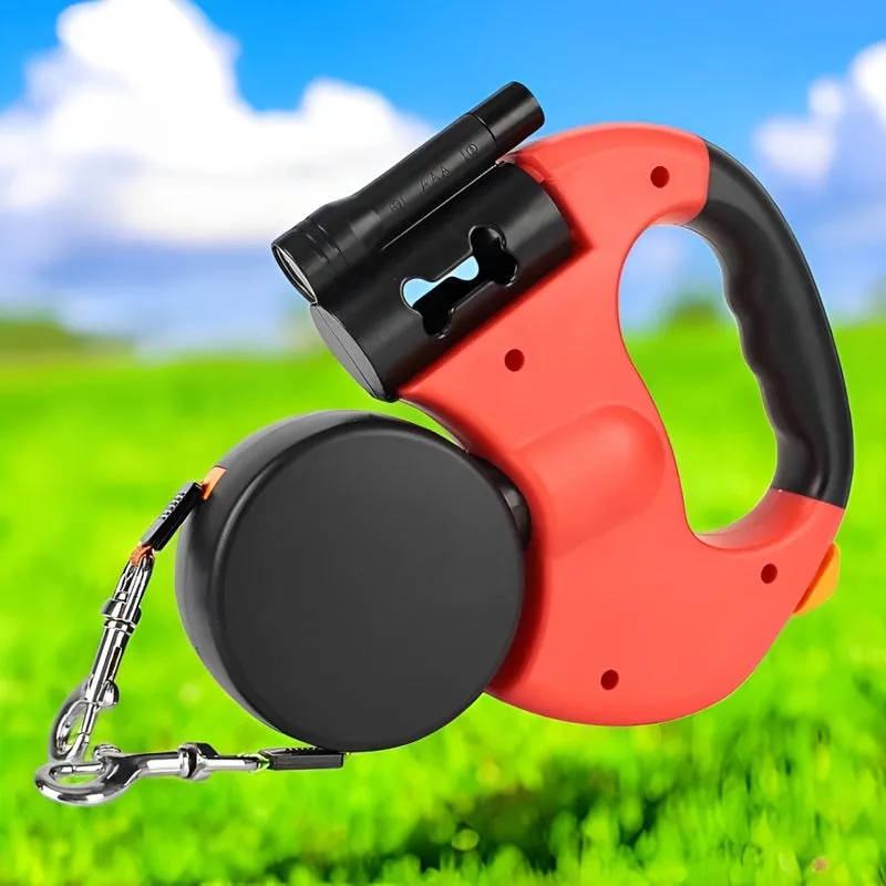 10FT Dual Retractable Hundeleine mit integriertem Taschenlampe & Müllbeutelhalter