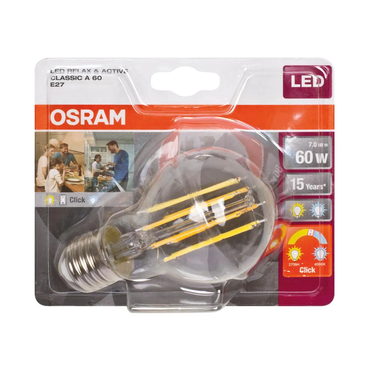 LED-Filament-Lampe E27 PARATHOM CLASSIC A RELAX ACTIV AGL-Form klar 7W (60W), 806 lm, 2700K + 4000K
